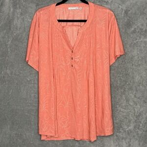 Notations 3X Shirt Top Coral Pink Paisley Short Sleeve Henley V Neck Stretch